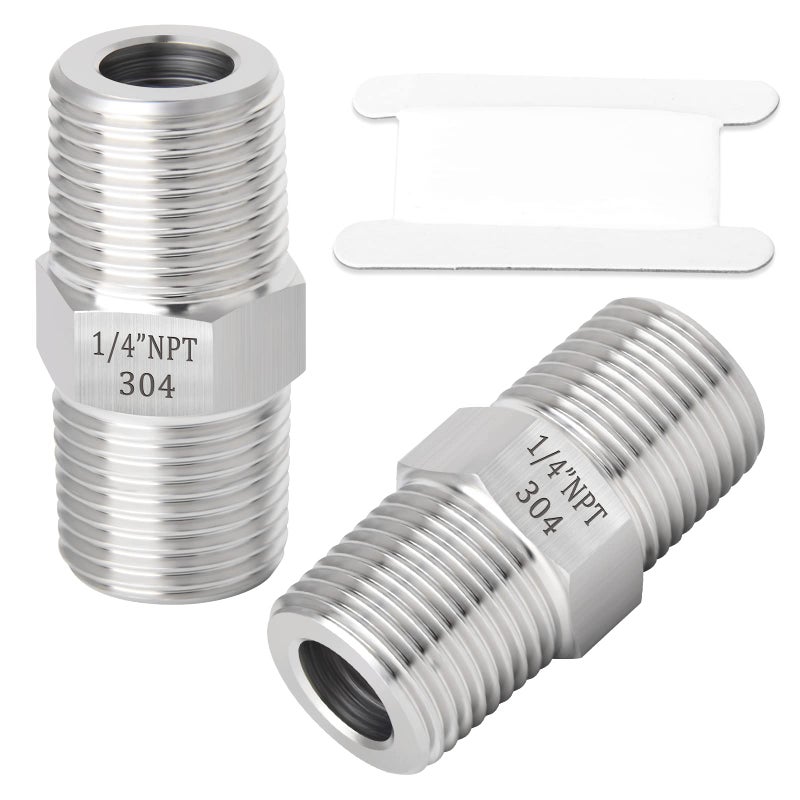 TAISHER 2PCS 304 Stainless Steel Hex Nipple, Pipe Fitting 1/4-Inch Male Pipe x 1/4-Inch Male Pipe - Image 1